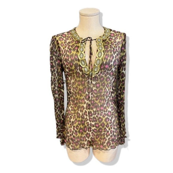 TRINA TURK women’s size M silk animal print  long sleeve blouse with sequins - Picture 1 of 14